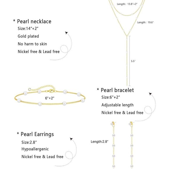 Jewelry Y Layered Silver Women Dainty Pearl Choker Earring Bracelet Wedding Gift - Picture 5 of 7